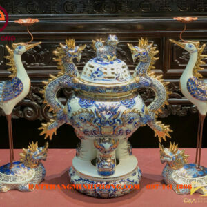 Bộ đỉnh hạc men lam cao cấp vẽ vàng kim Bát Tràng